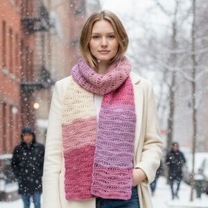 🧣✨ Handmade Gradient Crochet Scarf – Pink, Purple & Cream ✨🧣